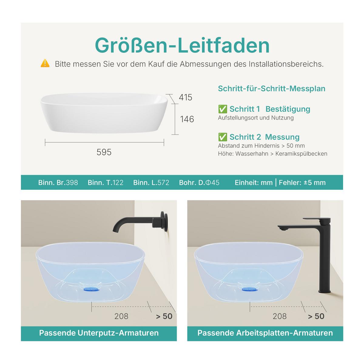 WASCHBECKEN Quadratisch R-Ecken Weiß 60 / 41,5 / 13,5 cm - Weiß, Keramik (60/13.5/41.5cm) - EMKE