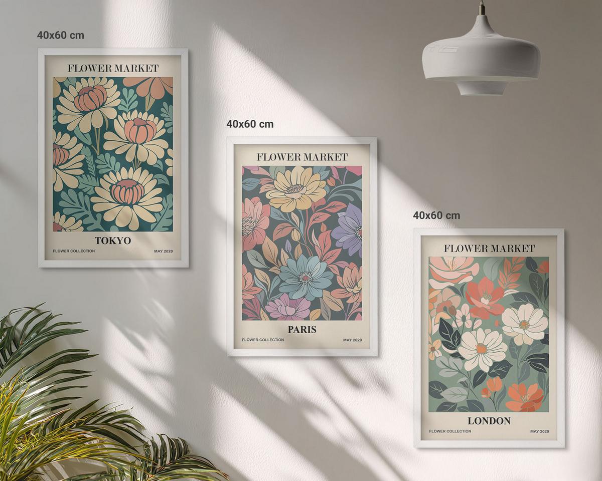 BILDER SET 3er Set - 40x60 cm Weißer Rahmen - Blumenposter Tokio Paris London - Weiß, Kunststoff (40/60cm) - TULUP
