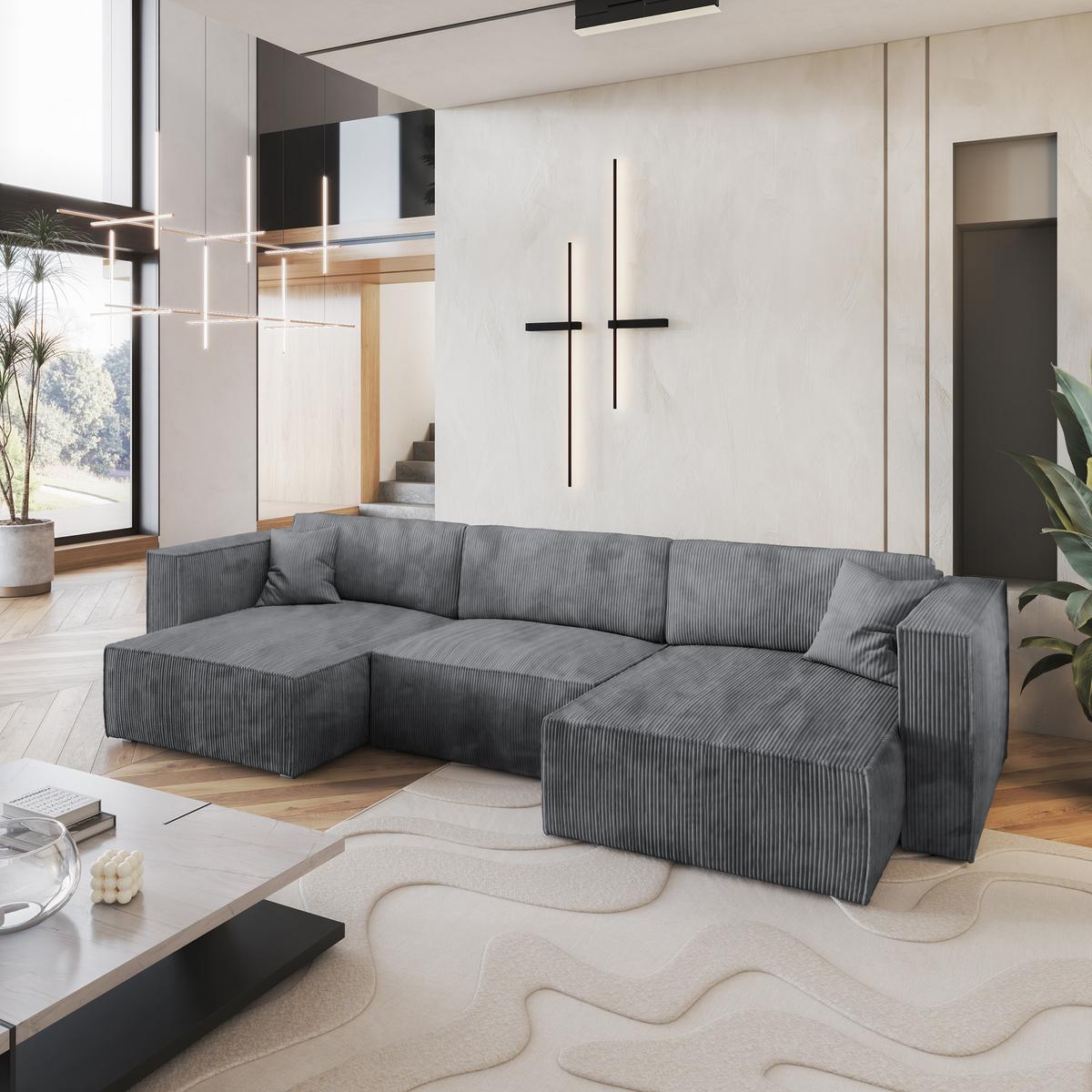 WOHNLANDSCHAFT SARMO P Grau Kordstoff mit Schlaffunktion - Grau, Holz/Kunststoff (347/70/148cm) - MASSENO