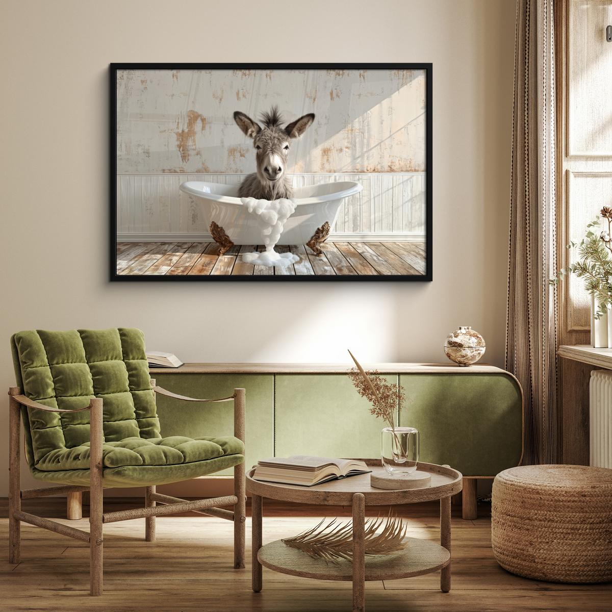 POSTER MIT RAHMENGERAHMTES BILD Esel - Tiere - Badewanne - Schaumstoff 120x80 cm - Weiß, Papier (120/80cm) - MuchoWow