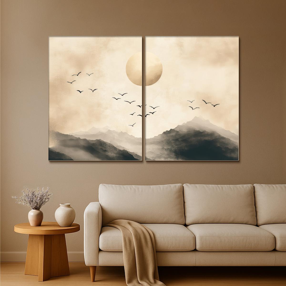 LEINWANDBILD 2er Set Landschaft - Japandi - Beige - Vögel 180x120 cm - Beige, Textil (180/120cm) - MuchoWow