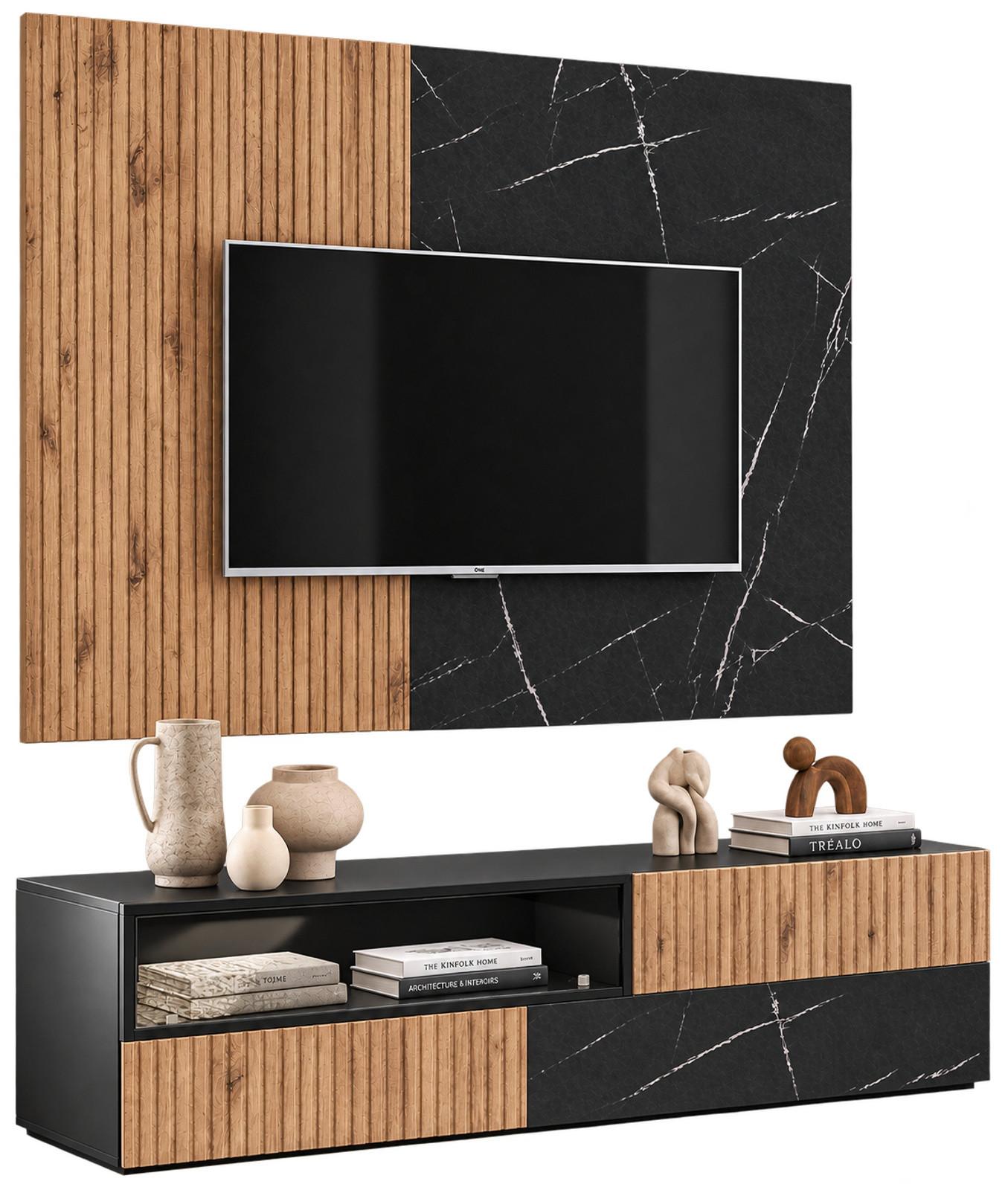 TV-LOWBOARD Eiche, Marmor schwarz 160 cm, TV Unterschrank Set mit Wandpaneel und Push-to-Open - Eichefarben/Schwarz, Holzwerkstoff/Kunststoff (160/180/45cm) - Inn.Furn