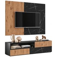 TV-LOWBOARD Eiche, Marmor schwarz 160 cm, TV Unterschrank Set mit Wandpaneel und Push-to-Open - Eichefarben/Schwarz, Holzwerkstoff/Kunststoff (160/180/45cm) - Inn.Furn