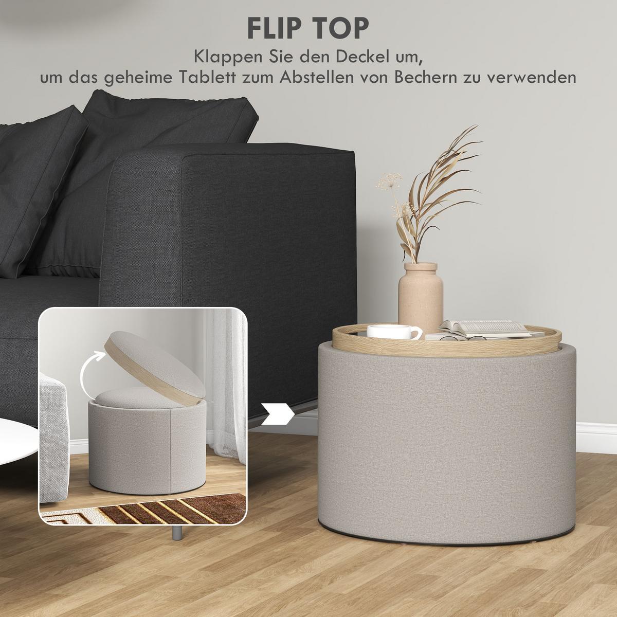 SITZHOCKER mit Stauraum, Runder Hocker mit Klappdeckel Polsterhocker Hellgrau - Hellgrau, Textil (56/42/56cm) - HOMCOM
