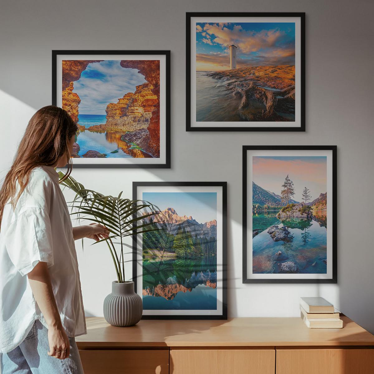 BILDER SET 4er Set - 50x50 cm & 40x60 cm Schwarzer Rahmen - Spiegelung der Felsen in Bergseen - Schwarz, Kunststoff (50/50cm) - TULUP