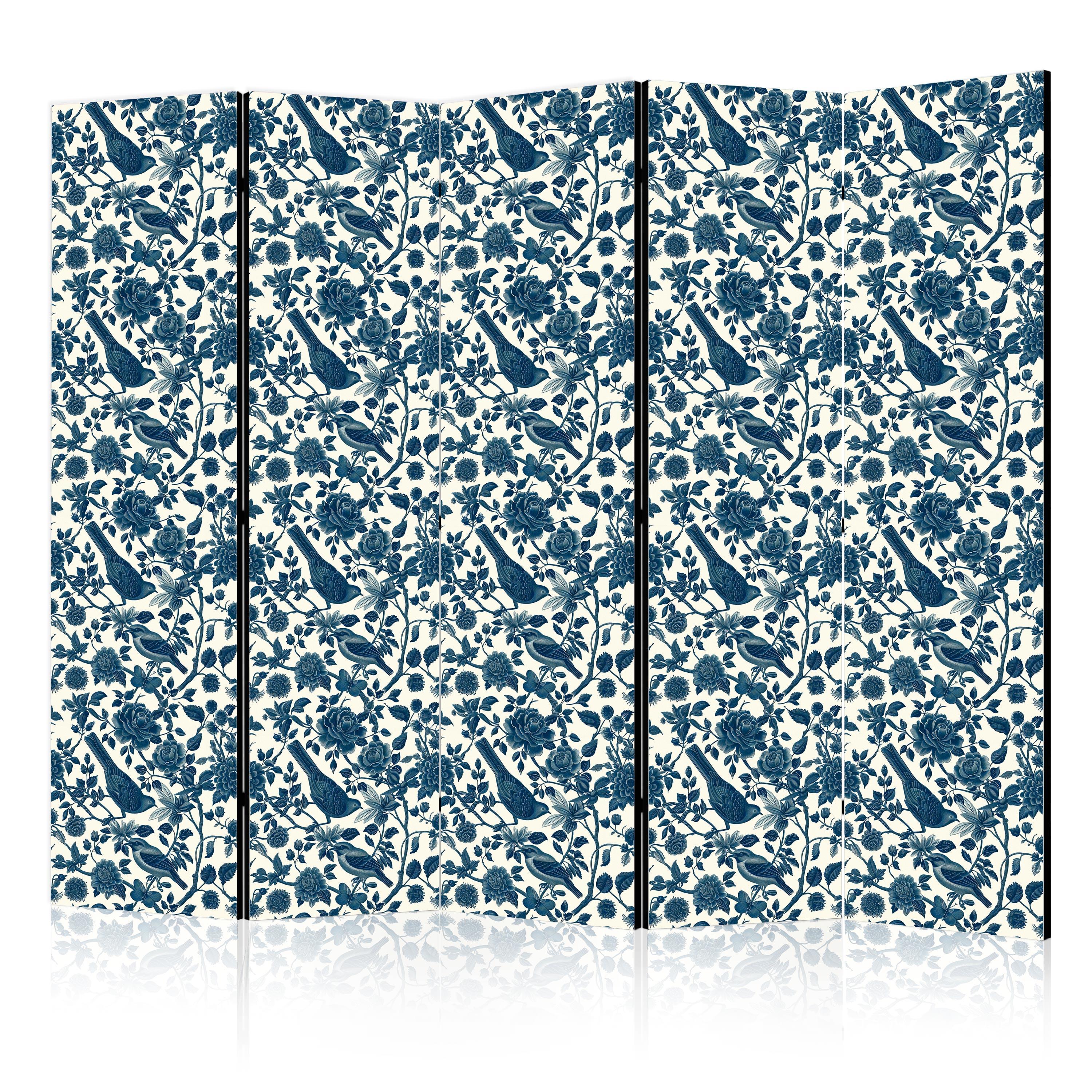 PARAVENT Beidseitig Bedruckter 5-tlg 225x172 cm Vögel und Rosen - Blau, Holz/Textil (225/172/3cm) - Muralo