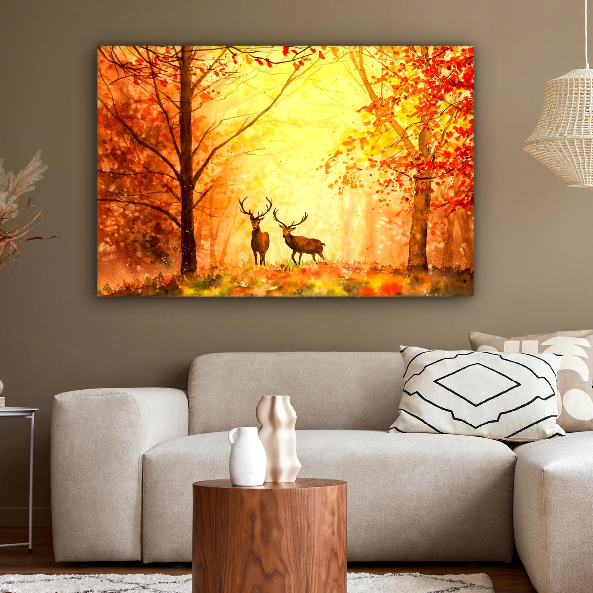 LEINWANDBILD Natur - Ölfarbe - Hirsche - Tiere - Herbst - Orange Groß 140x90 cm - Orange, Textil (140/90cm) - MuchoWow