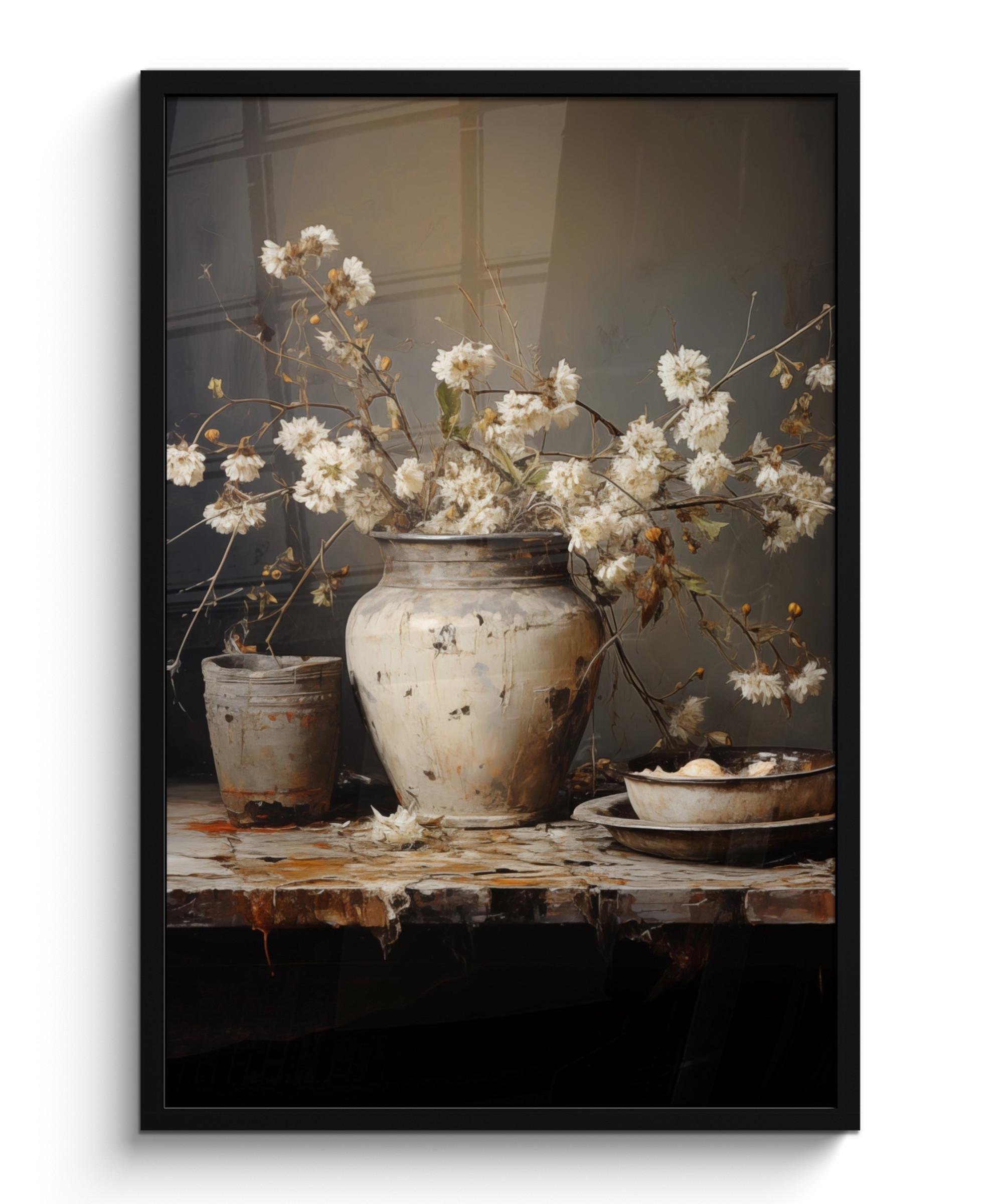 POSTER MIT RAHMEN Stilleben - Blumen - Blumenstrauß - Vase - Wein 60x90 cm - Schwarz, Papier (60/90cm) - MuchoWow