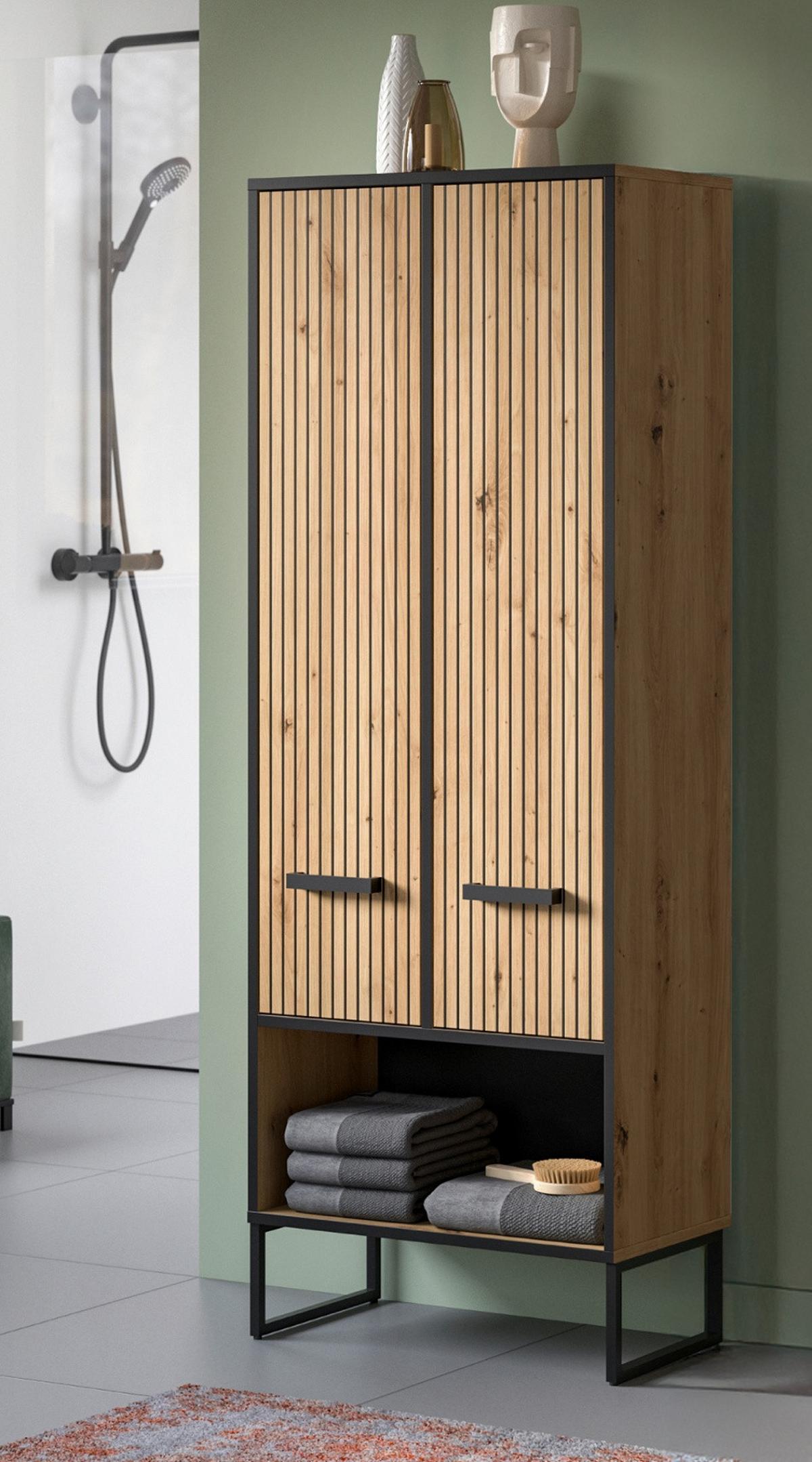 HOCHSCHRANK Eiche Artisan, schwarz 60 x 160 cm, Badezimmer Schrank mit Soft-Close - Schwarz/Eiche Artisan, Holzwerkstoff/Kunststoff (59/159/32cm) - Inn.Furn