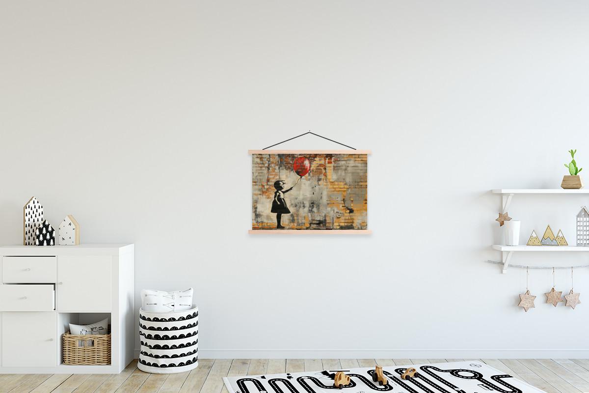 POSTER MIT MAGNETLEISTEN Graffiti - Banksy - Mädchen - Straßenkunst Wandbilder 60x40 cm - Sandfarben, Textil (60/40/0.15cm) - MuchoWow