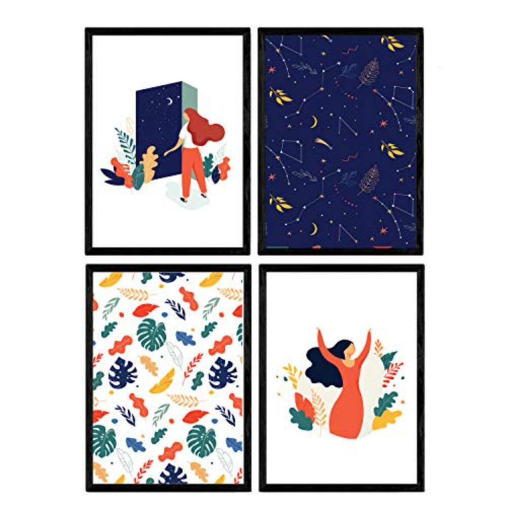 POSTER Set mit 4 Frau in der Dämmerung A4 Schwarzer Rahmen - Schwarz, Papier (29.7/3cm) - Nacnic