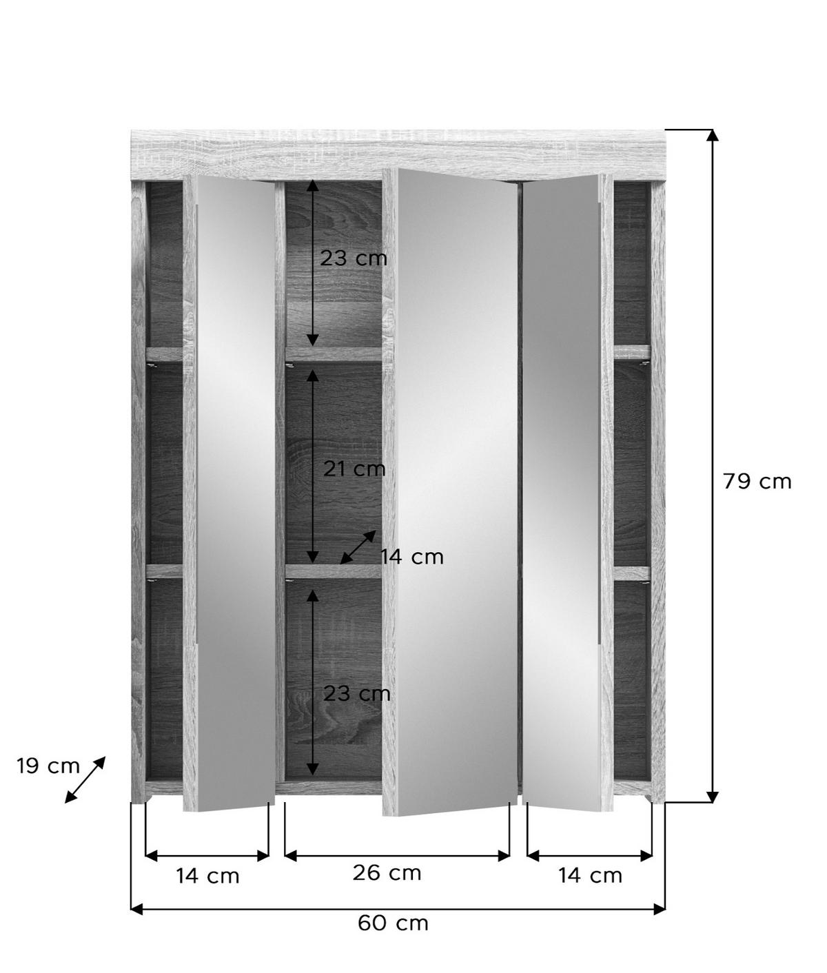SPIEGELSCHRANK Sonoma Eiche 60 cm, Badschrank 3-türig - Eichefarben, Holzwerkstoff/Metall (60/79/18cm) - Inn.Furn