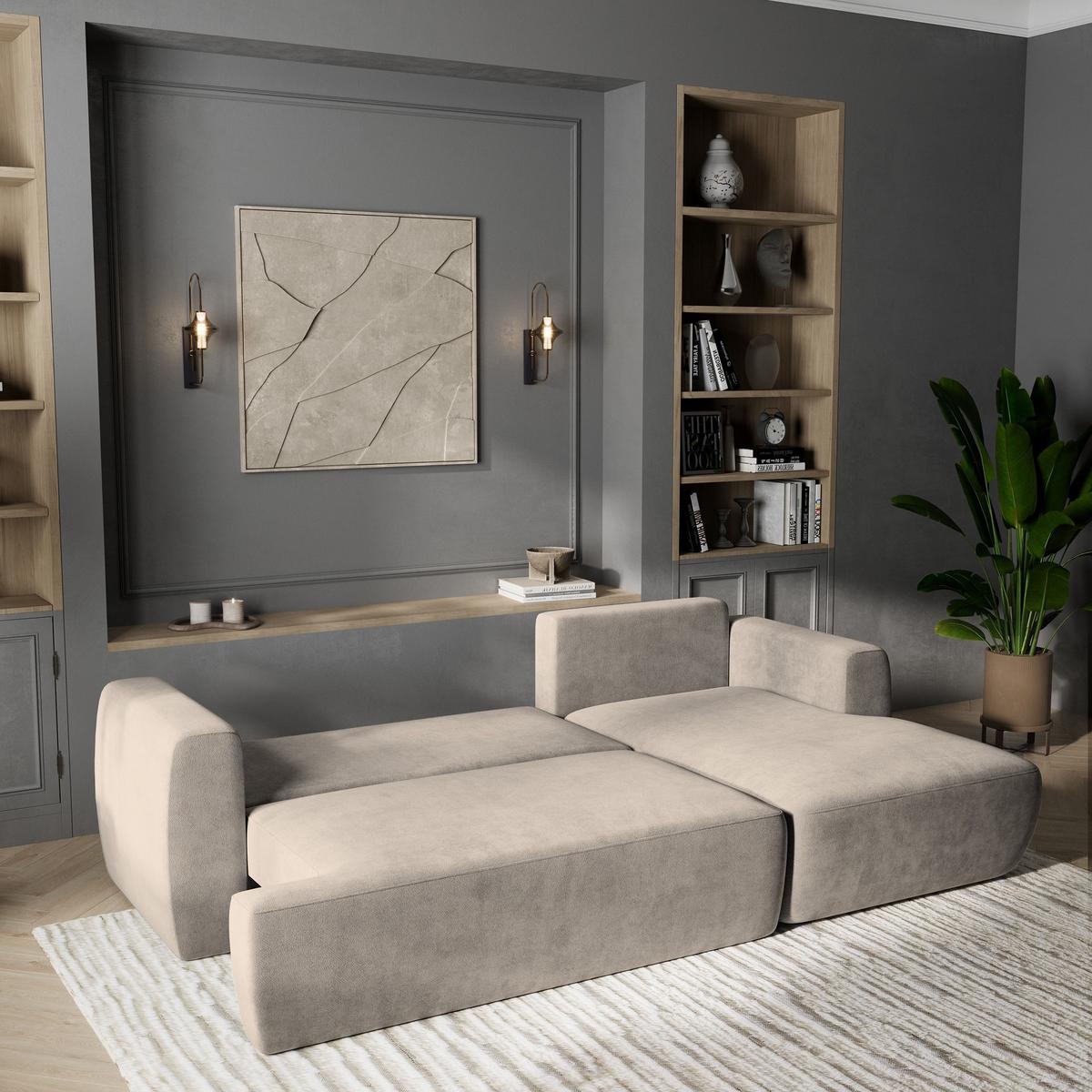 ECKSOFA SENTI K R-S Beige Plüsch-Stoff mit Schlaffunktion - Beige/Schwarz, Holz/Kunststoff (246/148cm) - MASSENO