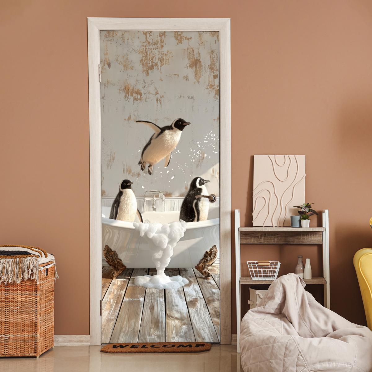 TÜRAUFKLEBER Vintage - Pinguin - Badewanne - Schaumstoff 90x235 cm - Türtapete - Hellbraun, Kunststoff (90/0.1cm) - MuchoWow