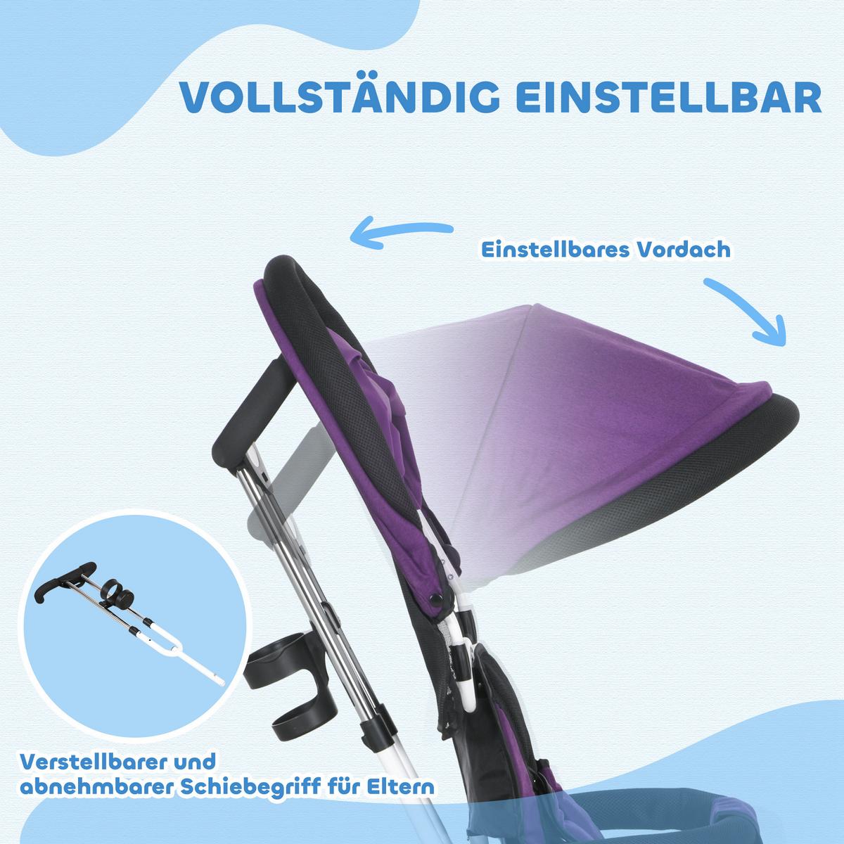 6-IN-1 Dreirad mit Schubstange, Kinderdreirad mit abnehmbarem Sonnendach Violett - Violett, Metall (95/50/106cm) - HOMCOM
