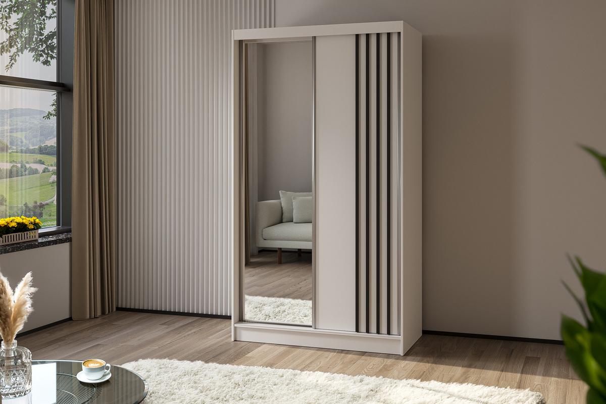 KLEIDERSCHRANK mit Spiegel-Schiebetüren und Aluminium-Leisten - NALLA - 120 cm Weiß+Weiß+Schwarz - Schwarz/Weiß, Holzwerkstoff (120/216/61cm) - ALTDECOR