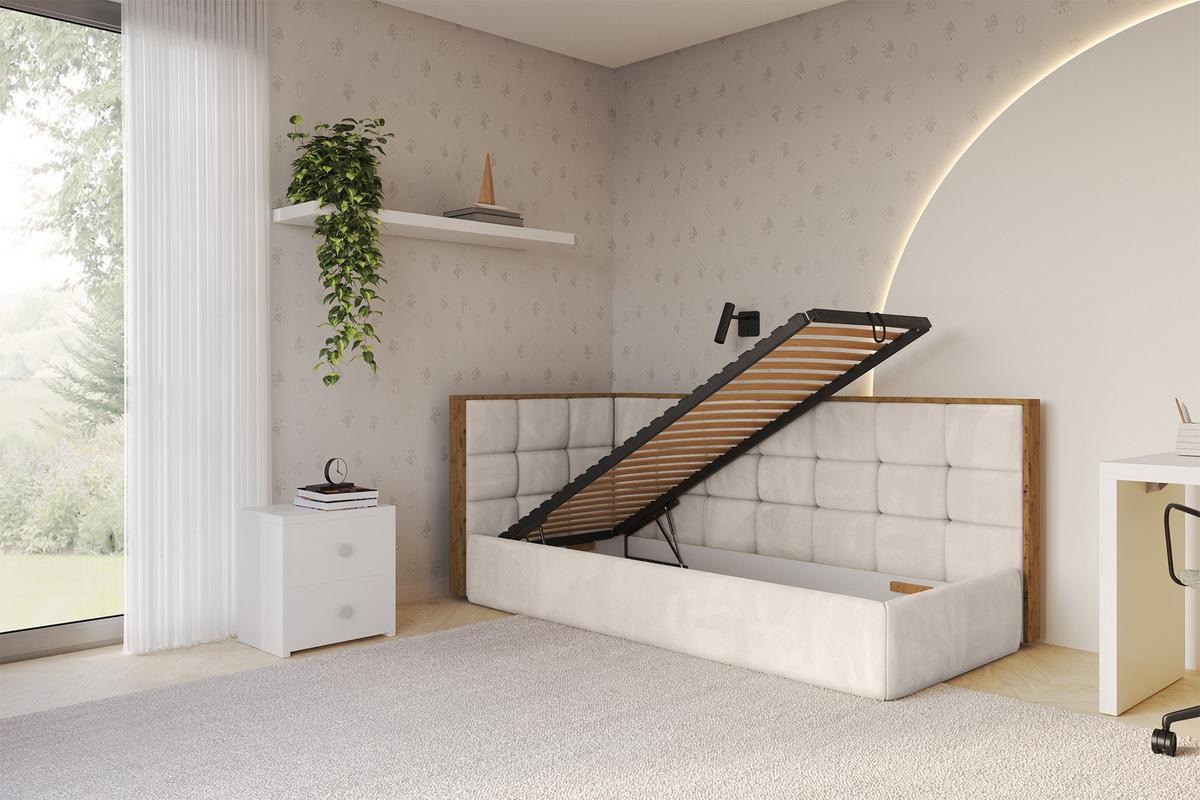 EINZELLBETT Jugendbett mit Bettkasten, Rechts - SOVY 90x200 Beige - Sandfarben, Holzwerkstoff/Textil (90/200cm) - ALTDECOR