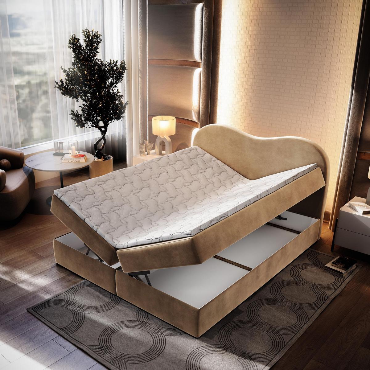 BOXBETT FLUVIA M 140x200 cm mit Matratze und Topper - Beige - Beige, Holz (140/200cm) - MASSENO