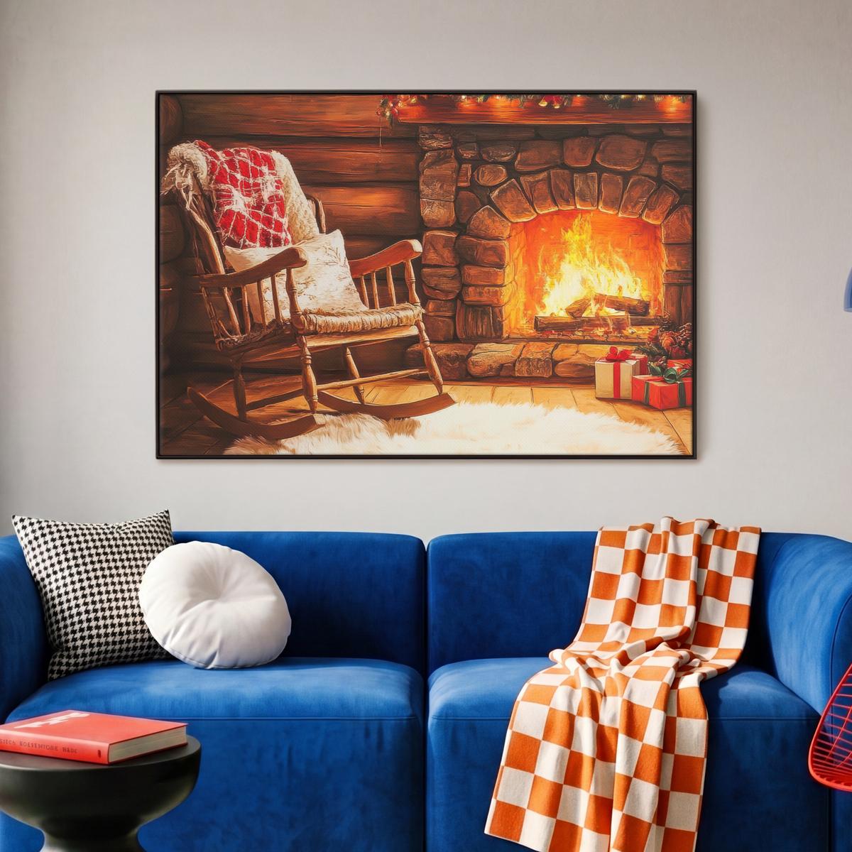 LEINWAND Bilder mit Rahmen - Winter - Weihnachten - Zuhause - Kamin - 90x60 - Bernsteinfarben, Textil (90/60cm) - MuchoWow