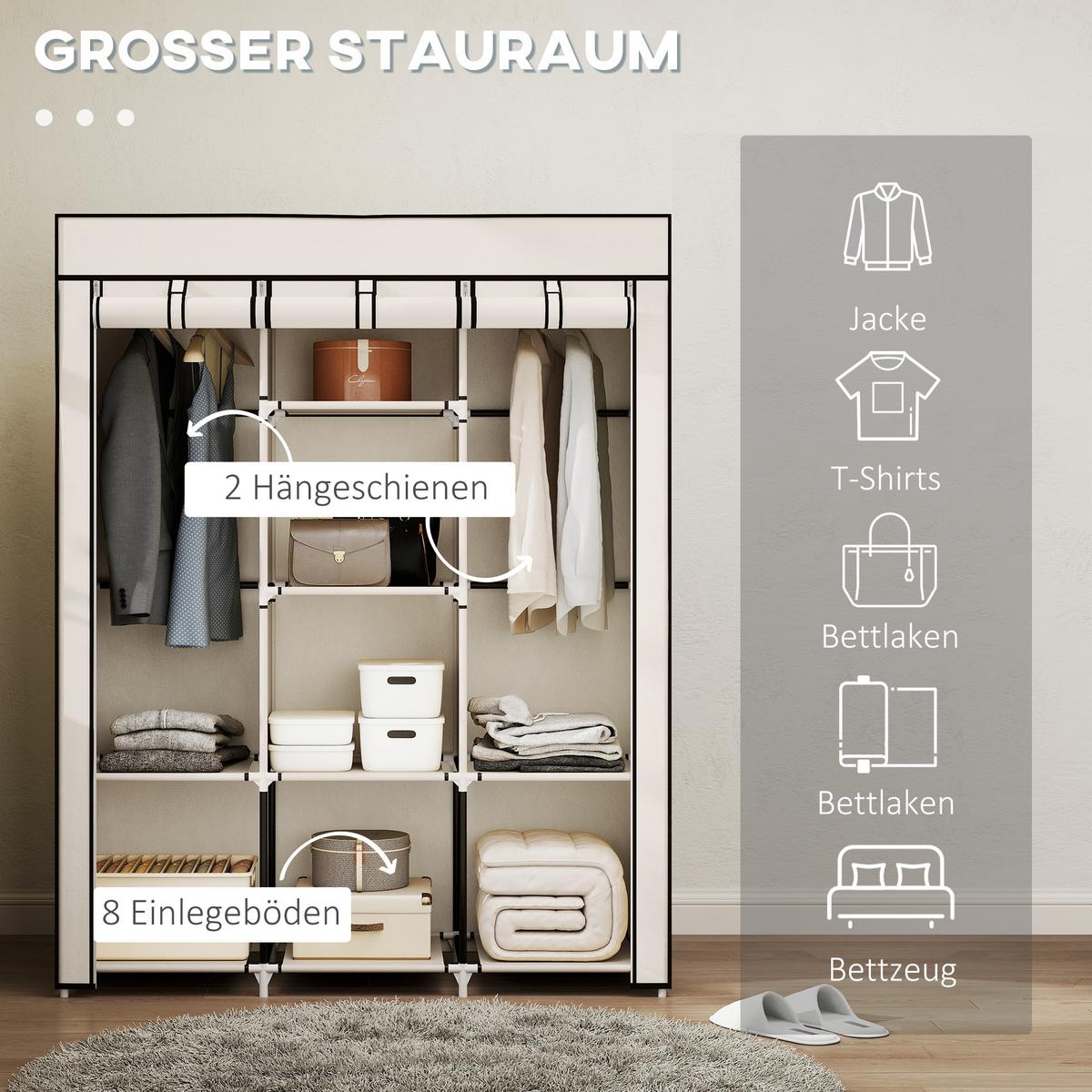 STOFFSCHRANK, Faltschrank, Kleiderschrank mit Kleiderstangen, 8 Ebenen Cremeweiß - Weiß, Metall (43/162.5/125cm) - HOMCOM