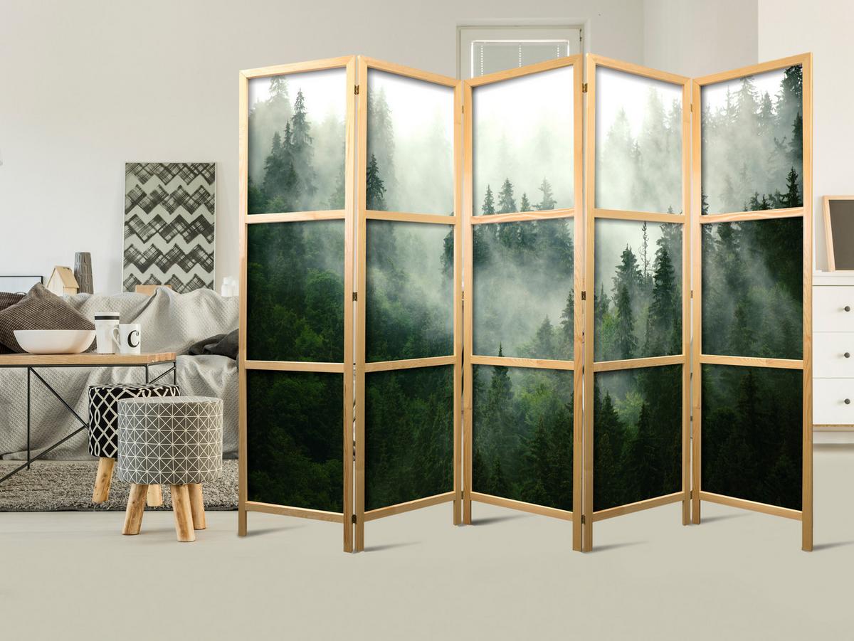 PARAVENT Japanischer 5-tlg 225x172 cm Wald Im Nebel - Grün, Holz/Textil (225/172/3cm) - Muralo