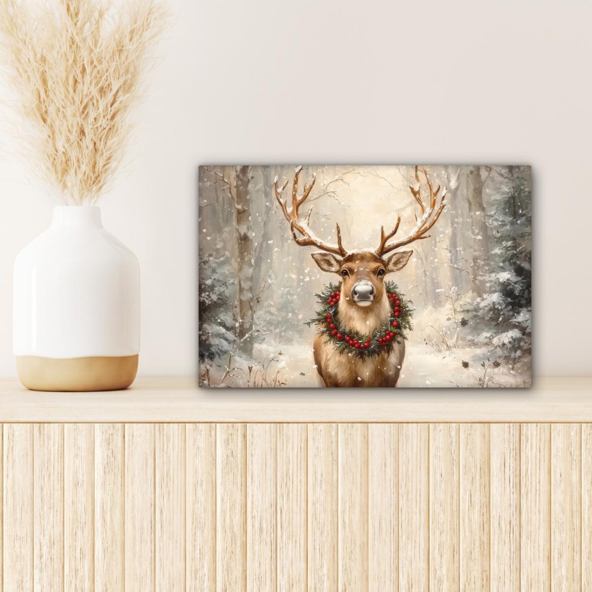 LEINWANDBILD Weihnachten - Rentier - Winter - Kranz Deko Schlafzimmer 30x20 cm - Naturfarben, Textil (30/20cm) - MuchoWow