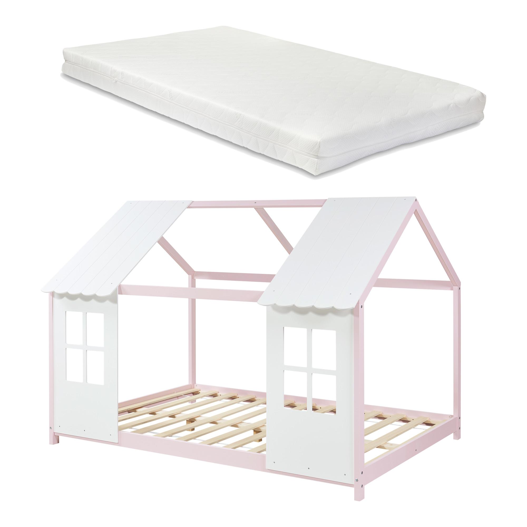 HAUSBETT Tostedt mit Matratze - Hellrosa/Weiß, Holz/Textil (120/200cm) - [en.casa]