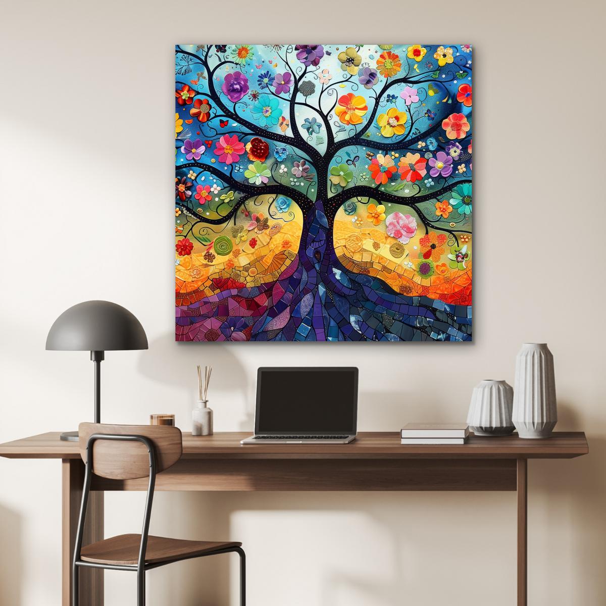 METALLBILD Kunst - Baum des Lebens - Blumen - Hippie 90x90 cm - Dunkelblau, Metall (90/90cm) - MuchoWow