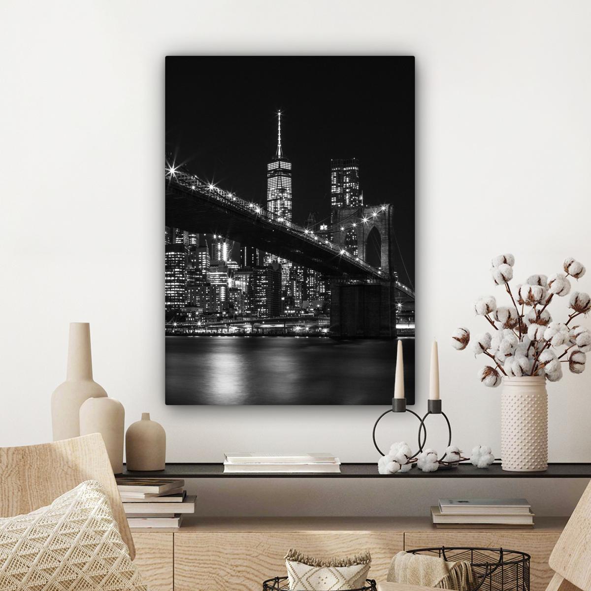 LEINWANDBILD New York - Brooklyn - Brücke Wandbild Wohnzimmer 60x80 cm - Schwarz, Textil (60/80cm) - MuchoWow