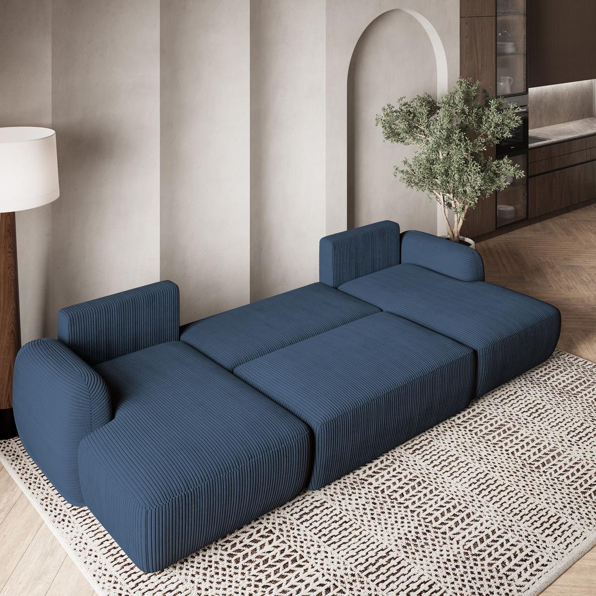 WOHNLANDSCHAFT SAVONA P Blau Kordstoff mit Schlaffunktion - Blau/Schwarz, Holz/Kunststoff (320/90/148cm) - MASSENO