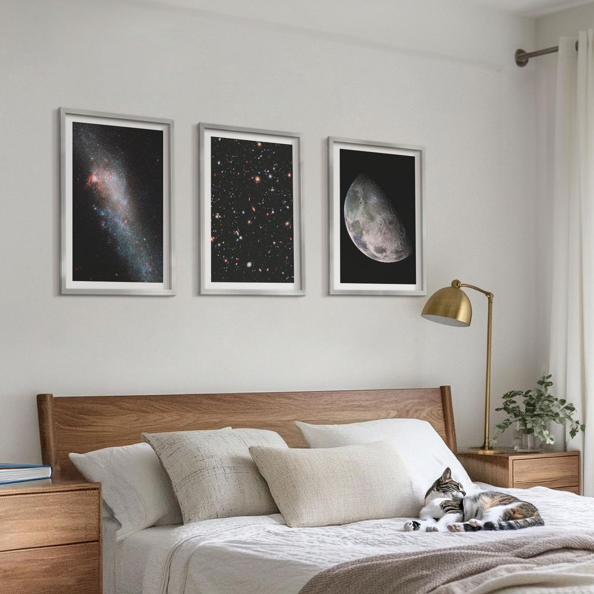 BILDER SET 3er Set - 40x60 cm Silberner Rahmen - Weltraum Galaxien Sterne Mond - Silberfarben, Kunststoff (40/60cm) - TULUP