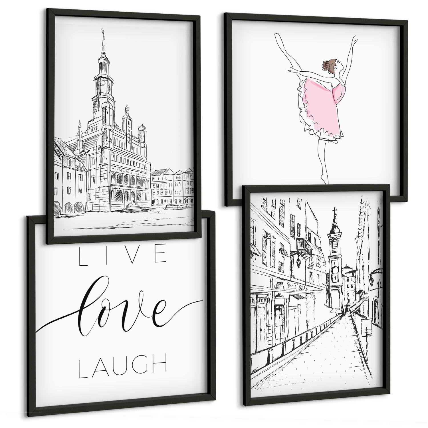 BILDER SET 4er Set - 50x50 cm & 40x60 cm Schwarzer Rahmen - Stilvolle Grafik, Ballerina-Architektur - Schwarz, Kunststoff (50/50cm) - TULUP