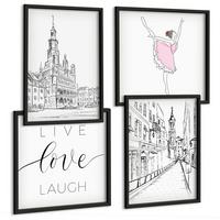 BILDER SET 4er Set - 50x50 cm & 40x60 cm Schwarzer Rahmen - Stilvolle Grafik, Ballerina-Architektur - Schwarz, Kunststoff (50/50cm) - TULUP