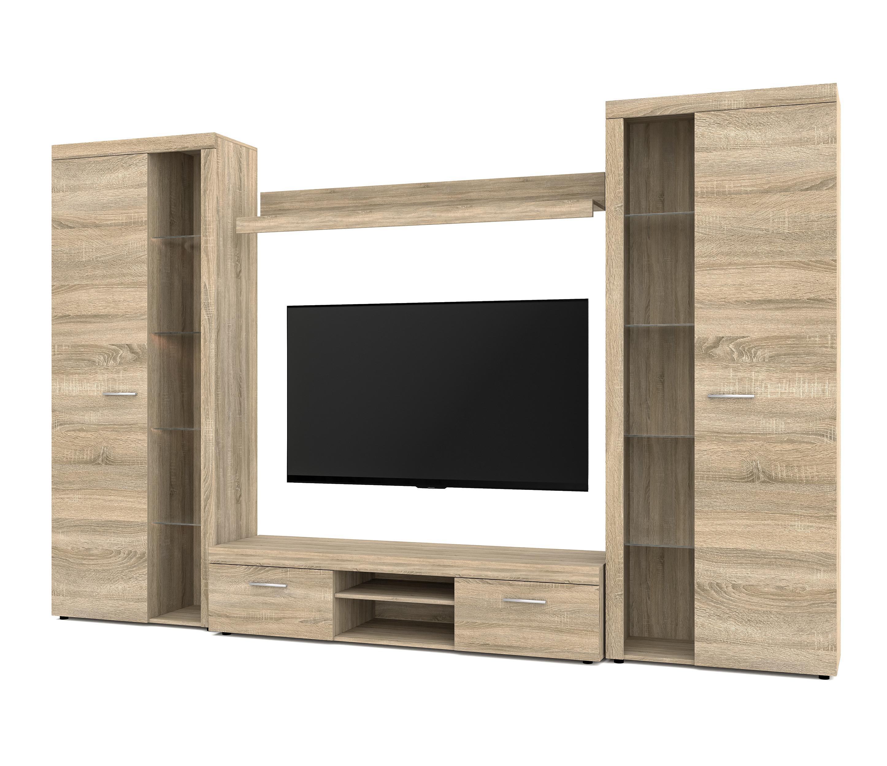 WOHNWAND Spacoro XL Sonoma Eiche 300/190/40 cm Viel Stauraum ohne LED - Sonoma Eiche, Holzwerkstoff/Kunststoff (300/190/40cm) - AX Living