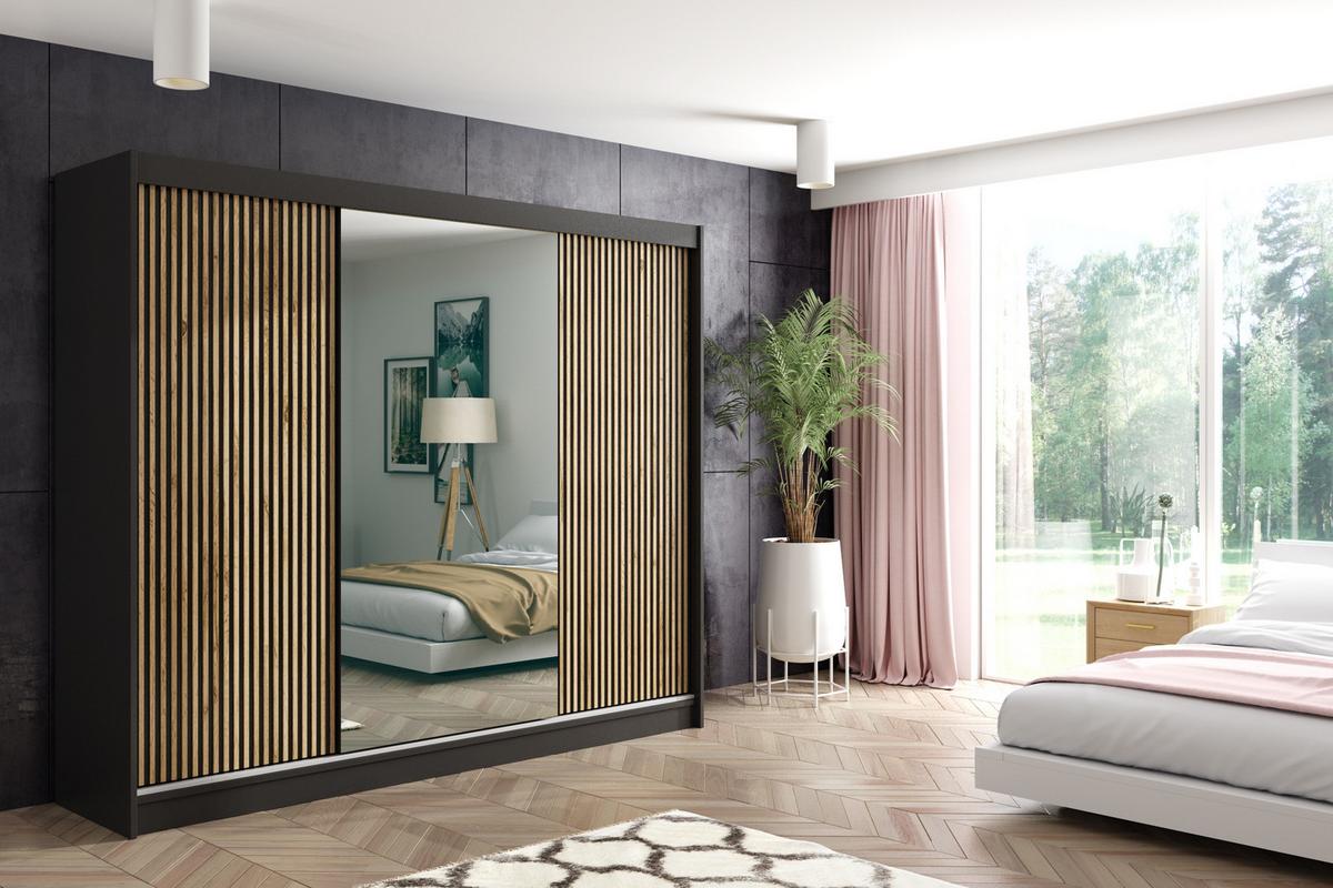 KLEIDERSCHRANK VILAN mit Spiegel - 250 cm - Schwarz|Eiche Wotan - Eiche Wotan/Schwarz, Holzwerkstoff (250/215/61cm) - ALTDECOR