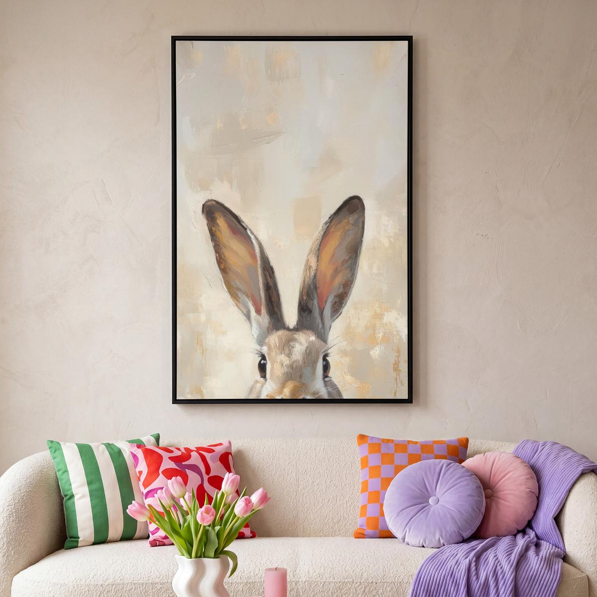 LEINWAND Bilder mit Rahmen - Hase - Ohren - Braun - 90x140 - Beige, Textil (90/140cm) - MuchoWow