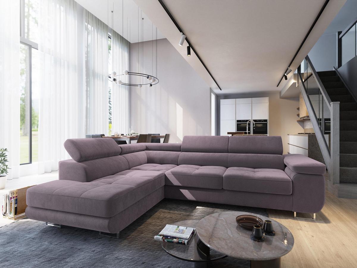 ECKSOFA SELVA L-S Lila Velours-Stoff mit Schlaffunktion - Lila/Silberfarben, Holz/Holzwerkstoff (275/202cm) - MASSENO