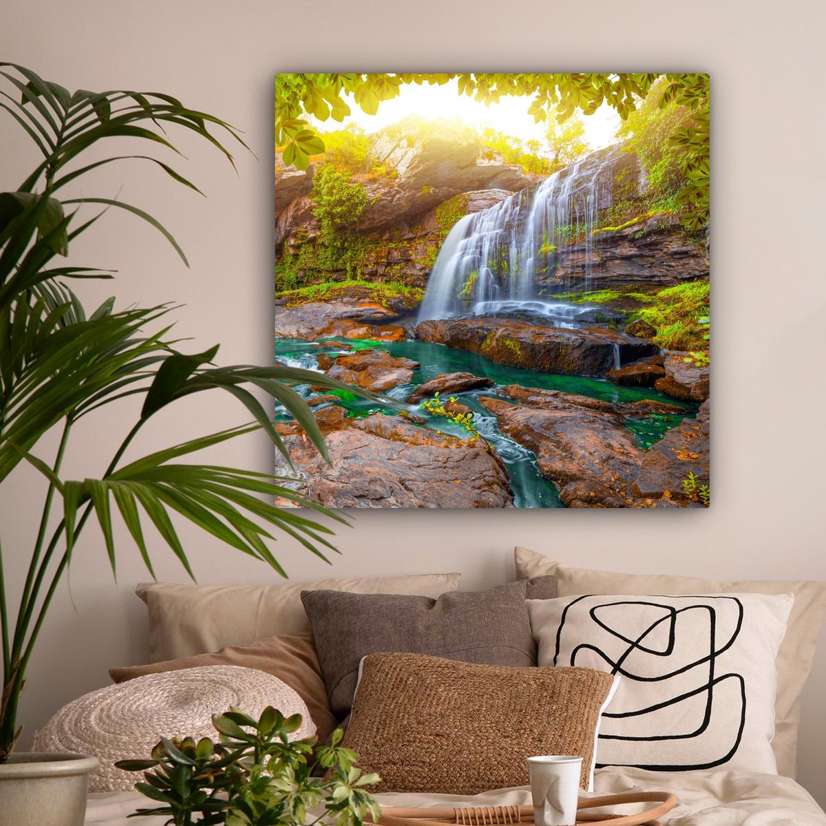 LEINWANDBILD Natur - Wasserfall - Pflanzen - Bäume - Sonne Deko Groß 90x90 cm - Olivgrün, Textil (90/90cm) - MuchoWow