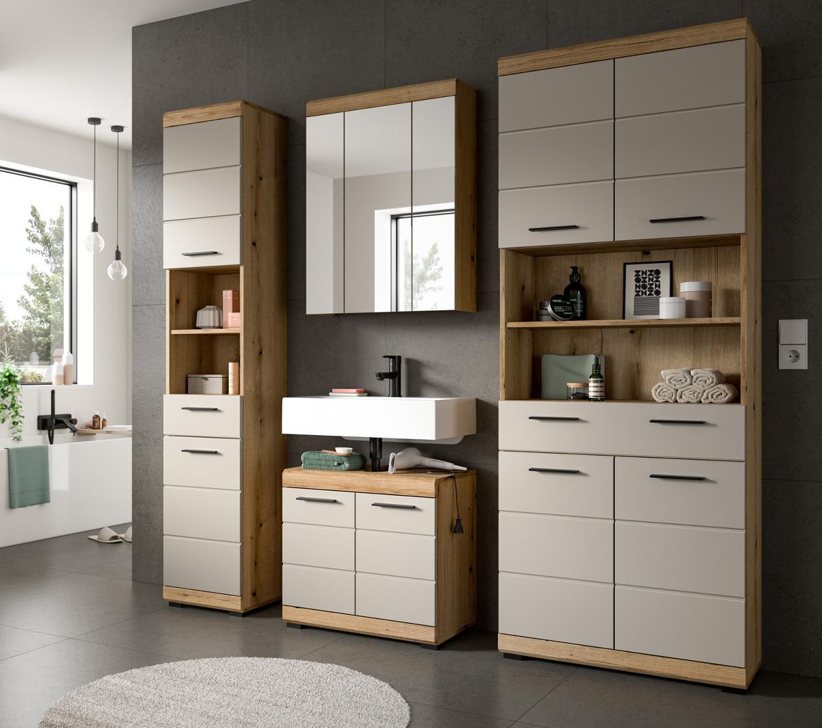 HOCHSCHRANK Sand Kaschmir, Evoke Eiche, Badschrank 74 cm, 4-türig - Sandfarben/Kaschmir, Holzwerkstoff/Kunststoff (74/191/31cm) - Inn.Furn