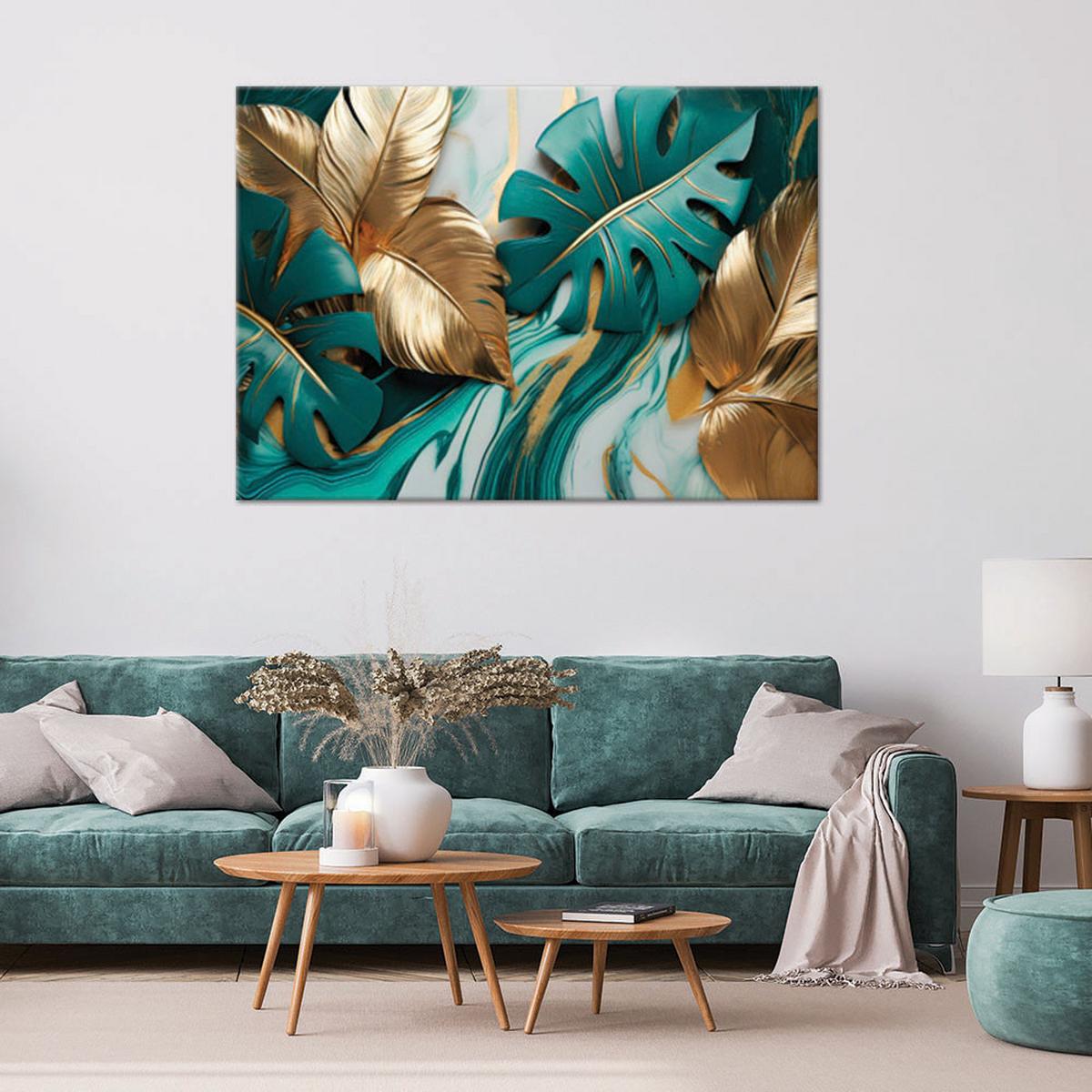 LEINWANDBILD Monstera Leaves Gold Türkis Marmor 120x80cm - Grün, Textil (120/80cm) - Feeby