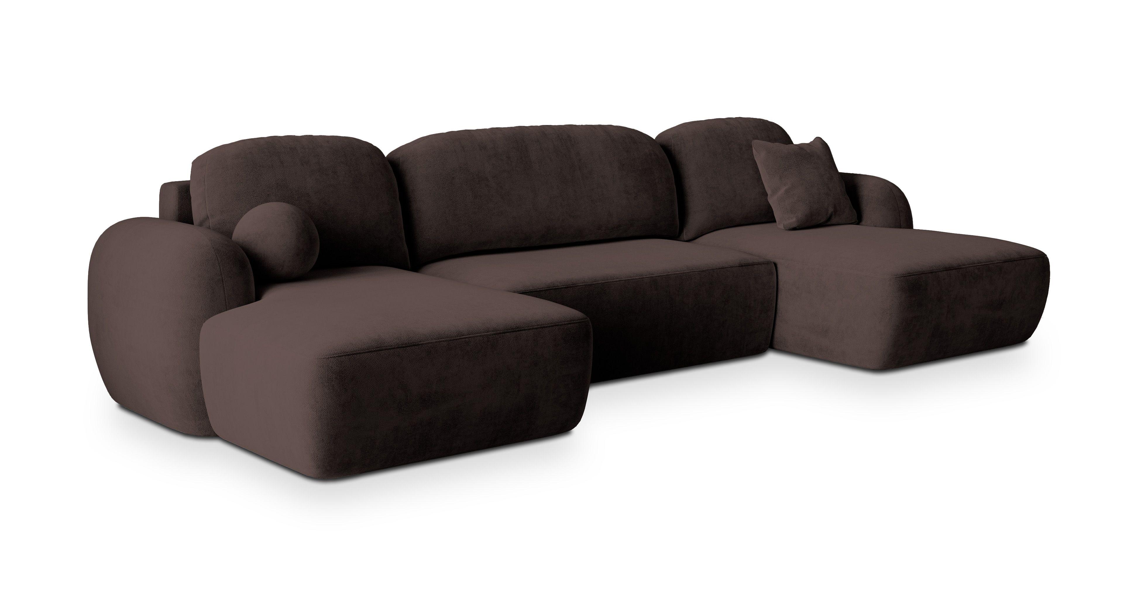 WOHNLANDSCHAFT SAVONA K Braun Plüsch-Stoff mit Schlaffunktion - Schwarz/Braun, Holz/Kunststoff (320/90/148cm) - MASSENO