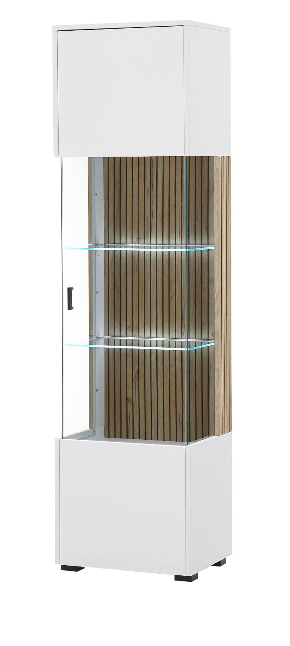 VITRINE weiß matt, Eiche 48 x 180 cm, Glasvitrine mit 5 Fächern und Soft-Close - Eichefarben/Schwarz, Glas/Holzwerkstoff (48/180/38cm) - Furn.Design