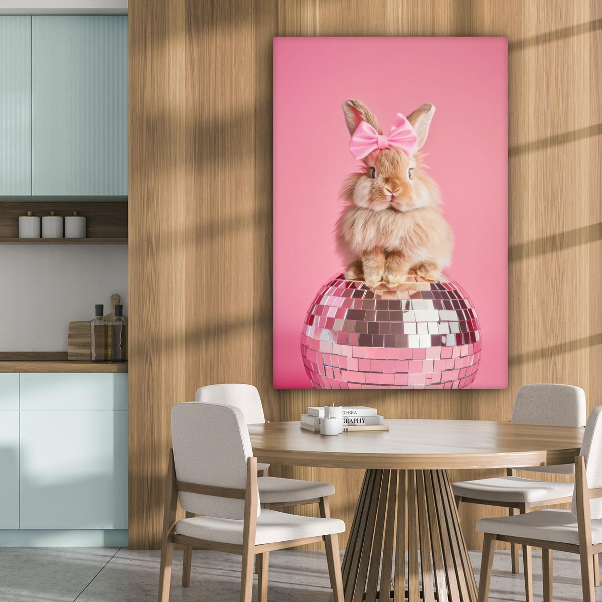LEINWANDBILD Schleife - Discoball - Kaninchen Deko XXL 80x120 cm - Pink, Textil (80/120cm) - MuchoWow