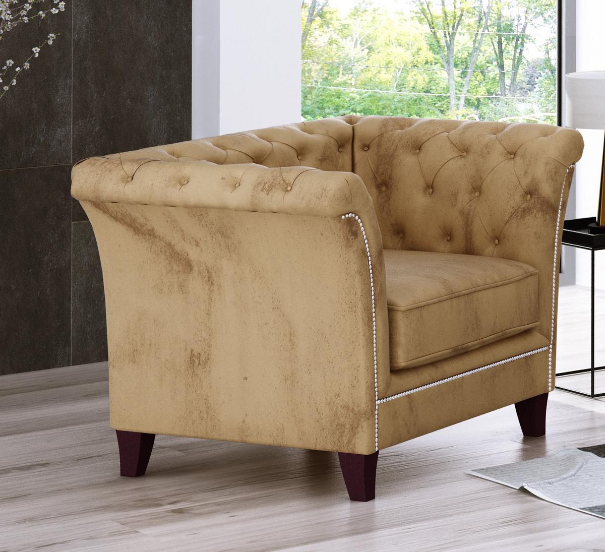 CHESTERFIELD-SESSEL Fusion Beige Samt - Beige/Braun, Holz/Textil (116/75/82cm) - S-Style Möbel