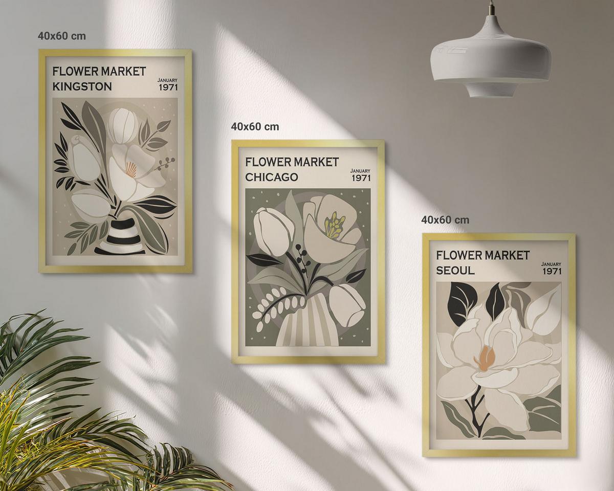 BILDER SET 3er Set - 40x60 cm Goldrahmen - Blumen Kingston Seoul Chicago Retro - Goldfarben, Kunststoff (40/60cm) - TULUP
