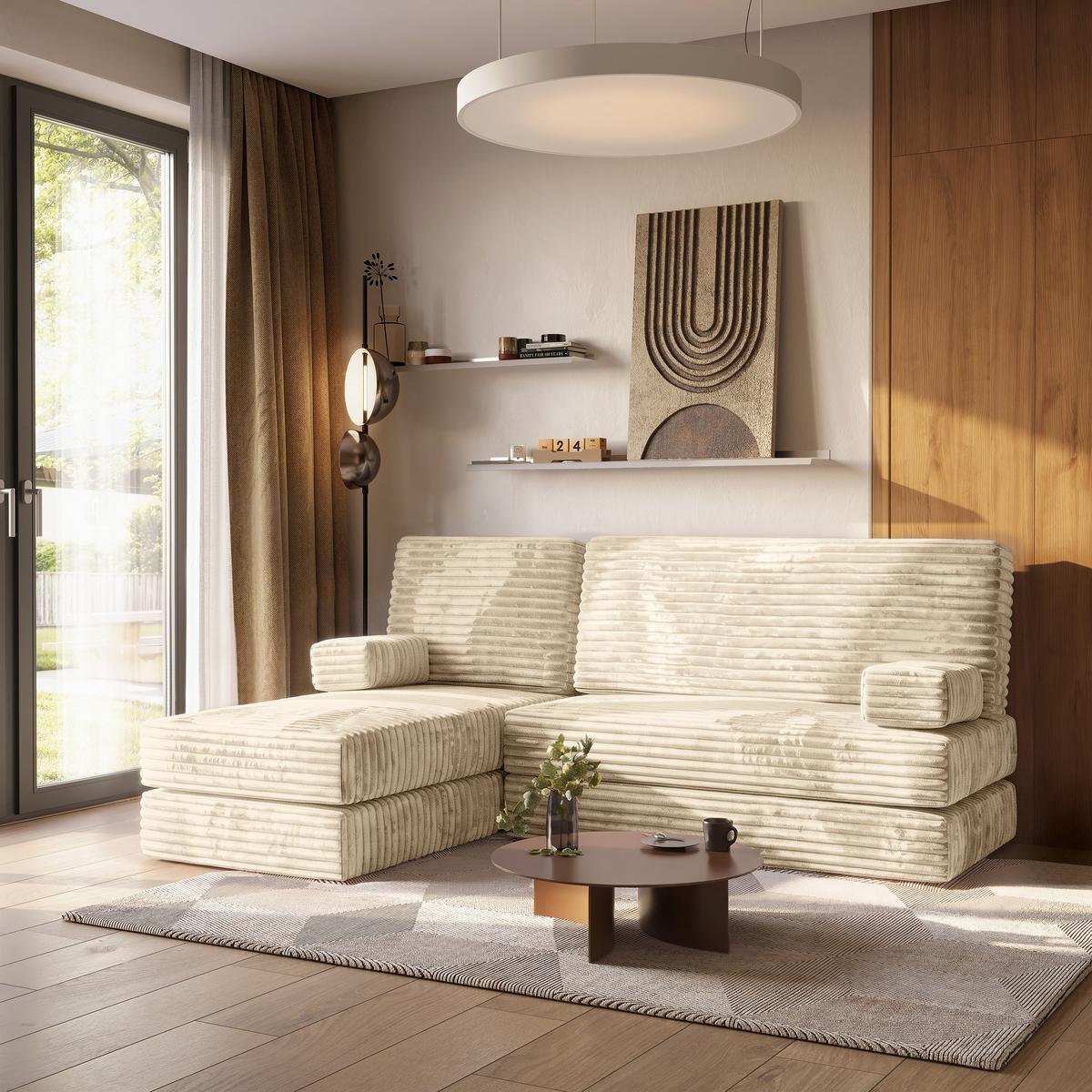 ECKSOFA NOTIA modulares Boneless Sofa mit Schlaffunktion Creme Kordstoff - Creme, Textil (200/120cm) - MASSENO