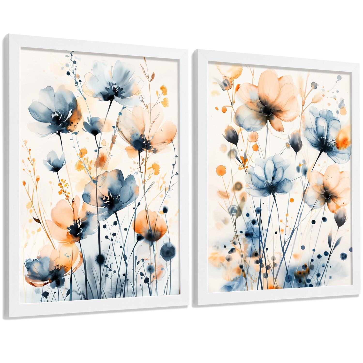 POSTER 2er-Set Wandbilder Blumen Blau Orange Boho modern Wohnzimmer Deko, Schlafzimmer, Küche, Badezimmer Rahmenlos A3 - Weiß, Papier (29.7/1/42cm) - Nacnic