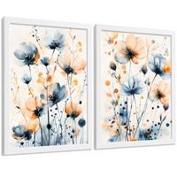 POSTER 2er-Set Wandbilder Blumen Blau Orange Boho modern Wohnzimmer Deko, Schlafzimmer, Küche, Badezimmer Rahmenlos A3 - Weiß, Papier (29.7/1/42cm) - Nacnic