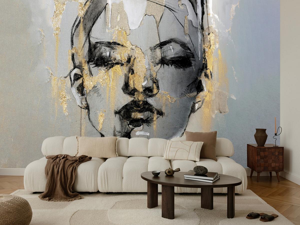 FOTOTAPETE für Wohnzimmer Frau Abstraktes Porträt Beton Modern Gold 500x350 - Gelb/Goldfarben, Papier (500/350cm) - Muralo