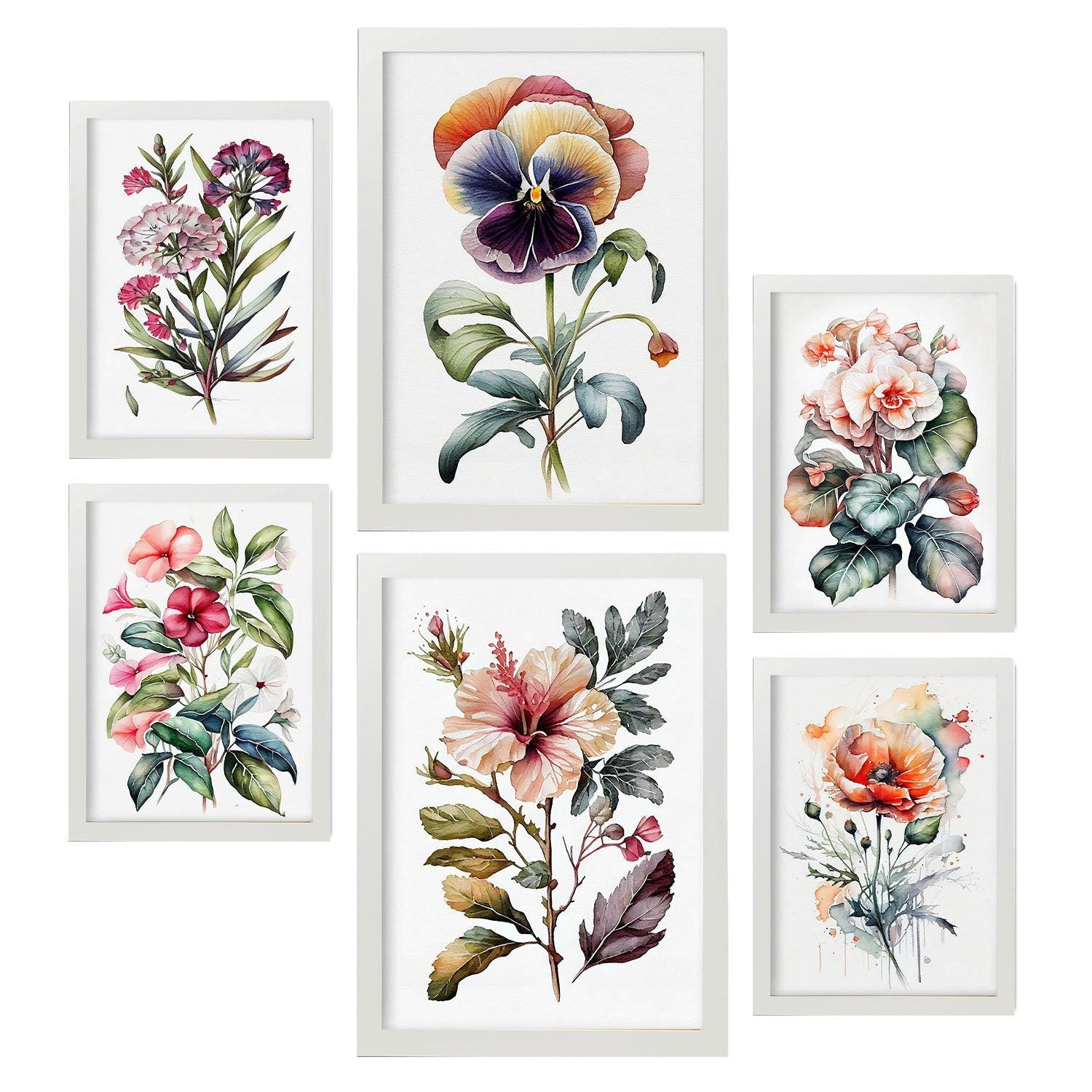 POSTER Set Mit 6 Dunkle Blumen Vollfarbige Natur Und Botanikdrucke Mit Blumenmotiven Auf Reinweißen Hintergründen A3 & A4 Weißer Rahmen - Weiß, Papier (29/3cm) - Nacnic